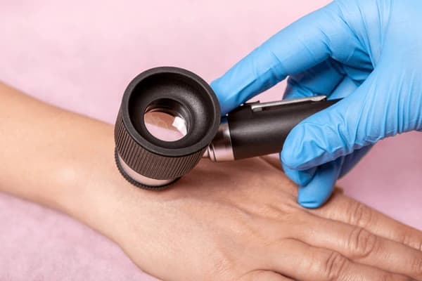 Gloved doctor's hand examining the skin on a patient's hand with a dermatoscope during a mole check.