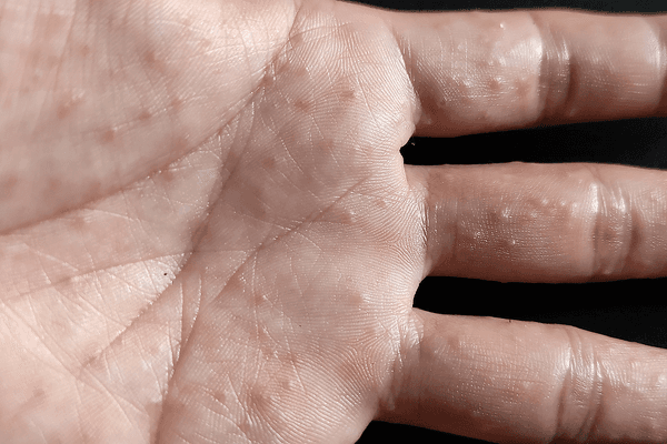 Palm and fingers with small vesicles and peeling, typical of dyshidrotic eczema.